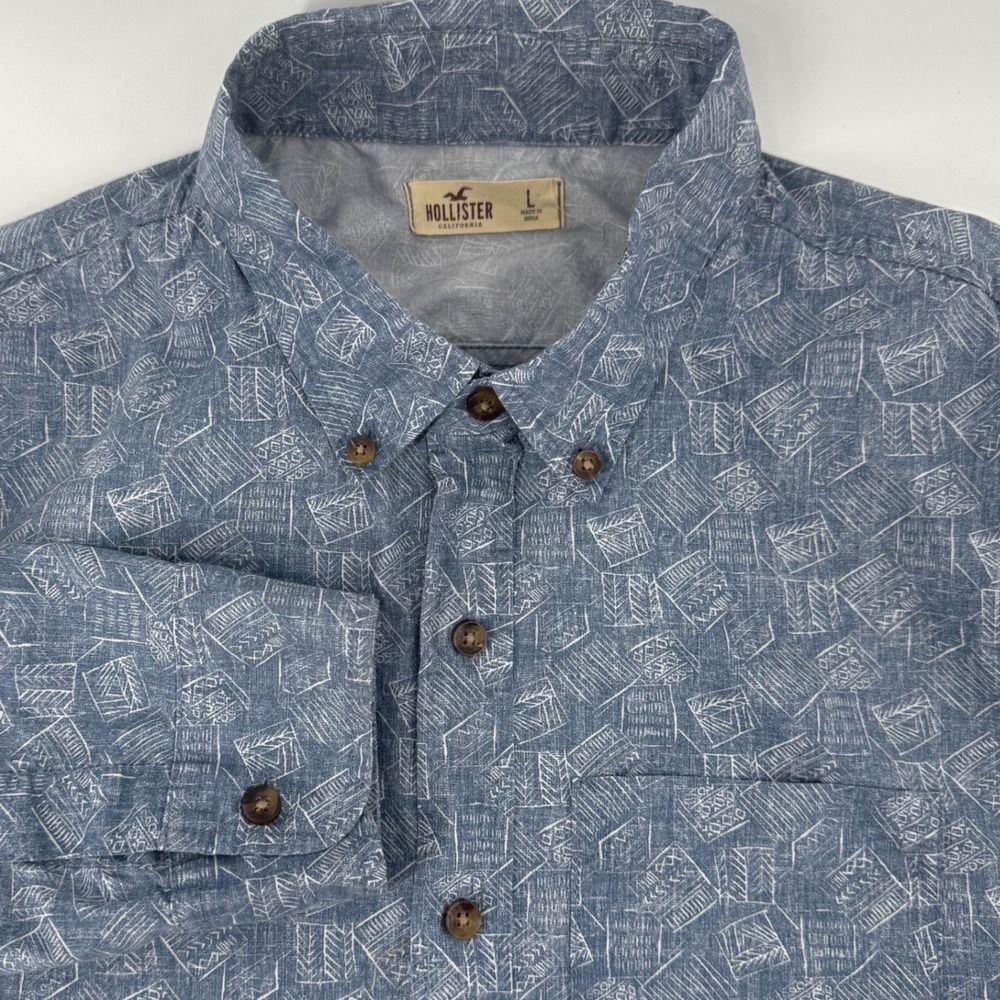 Hollister Boys L Blue Geometric Print Long‎ Sleeve Button Down Shirt